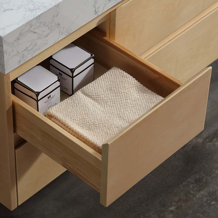 Solid wood bathroom vanity drawer with towel and storage boxes