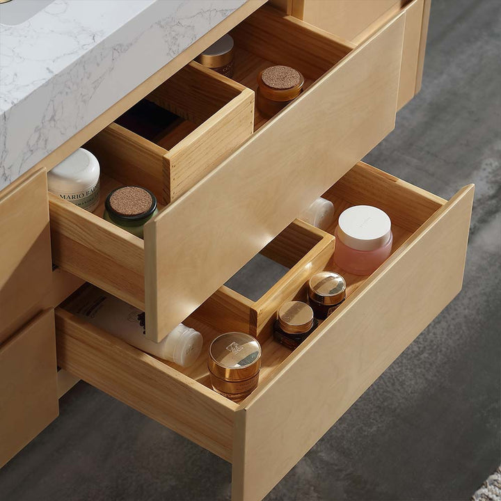 Solid wood bathroom vanity with organized storage drawers