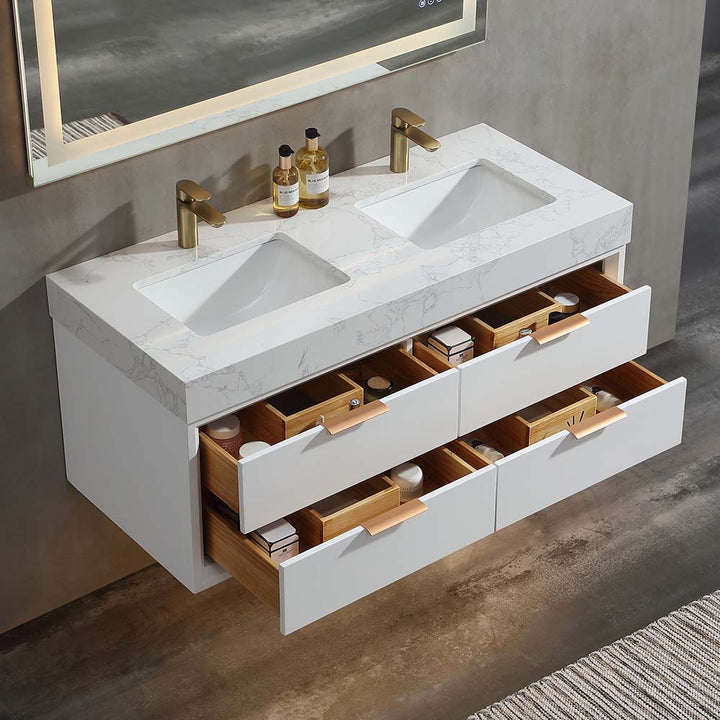 Solid wood bathroom vanity white 48 inch with open drawer storage