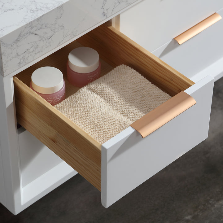 Solid wood bathroom vanity white drawer storage with towel and jars