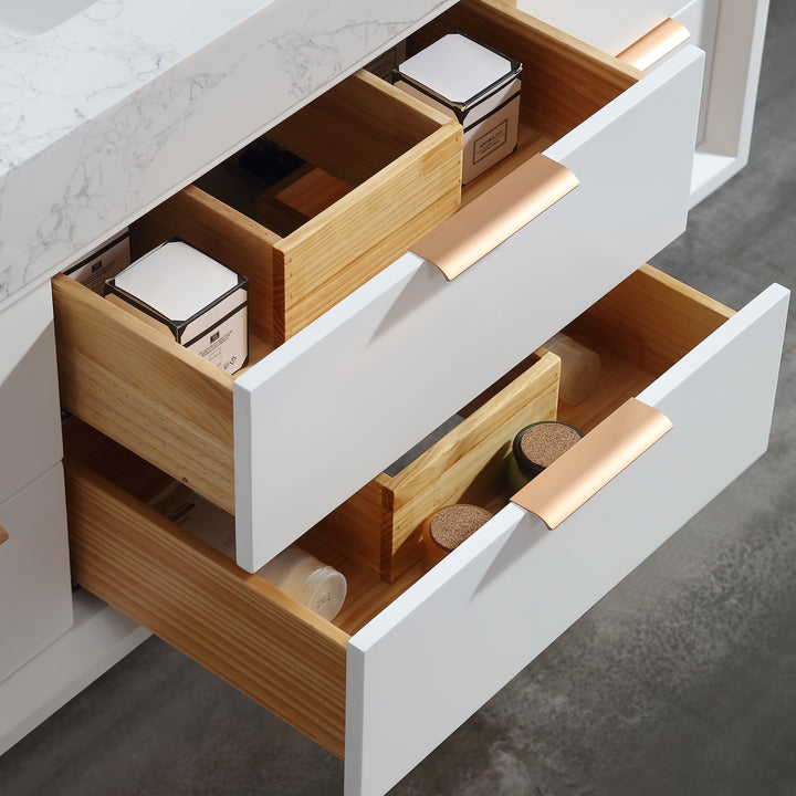 Solid wood bathroom vanity white with gold handle drawer storage
