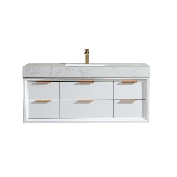 Solid wood bathroom vanity white finish with marble top front view