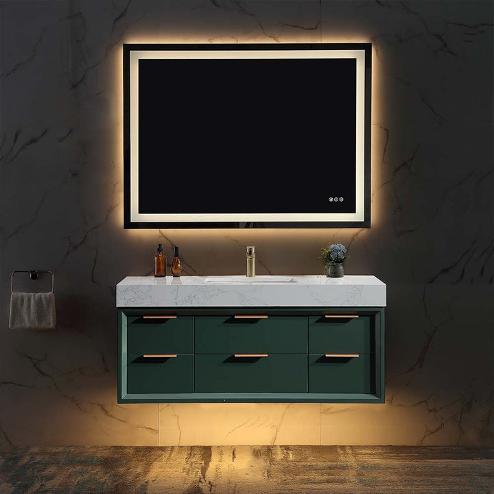 Solid wood bathroom vanity white top green with LED mirror lighting