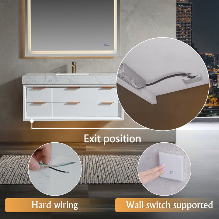 Solid wood bathroom vanity white with hard wiring and wall switch support