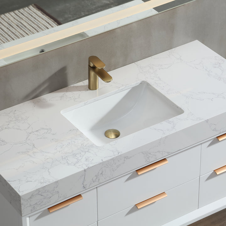 Solid wood bathroom vanity white with marble countertop and sink