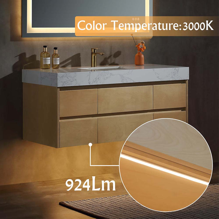 Solid wood bathroom vanity with marble top and LED lighting 3000K