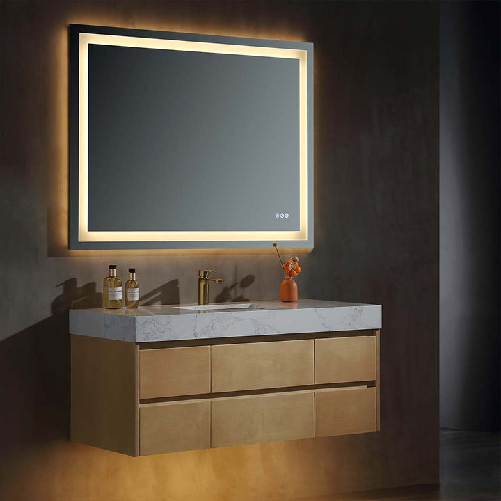 Solid wood bathroom vanity with LED mirror and marble countertop