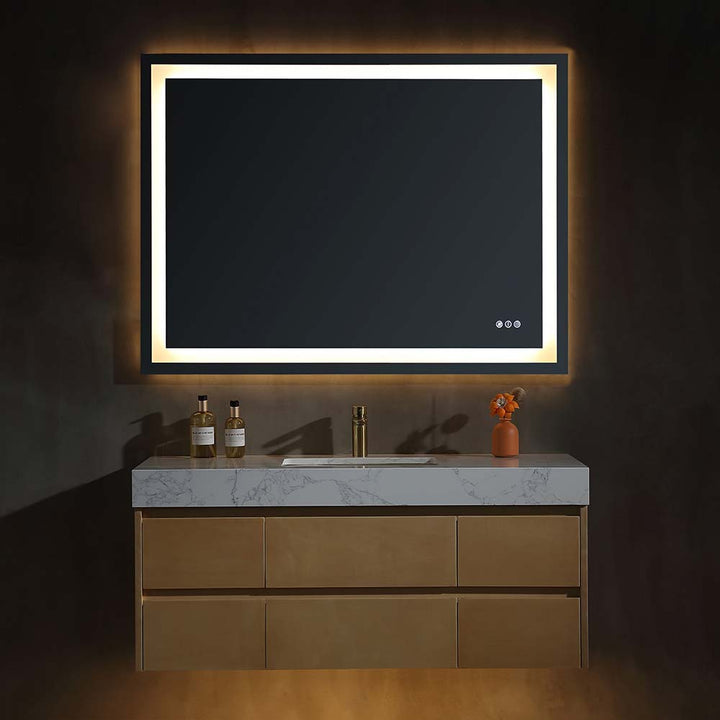Solid wood bathroom vanity with lighted LED mirror and marble top