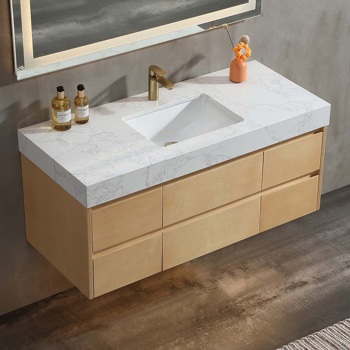 Solid wood bathroom vanity with marble countertop and single sink