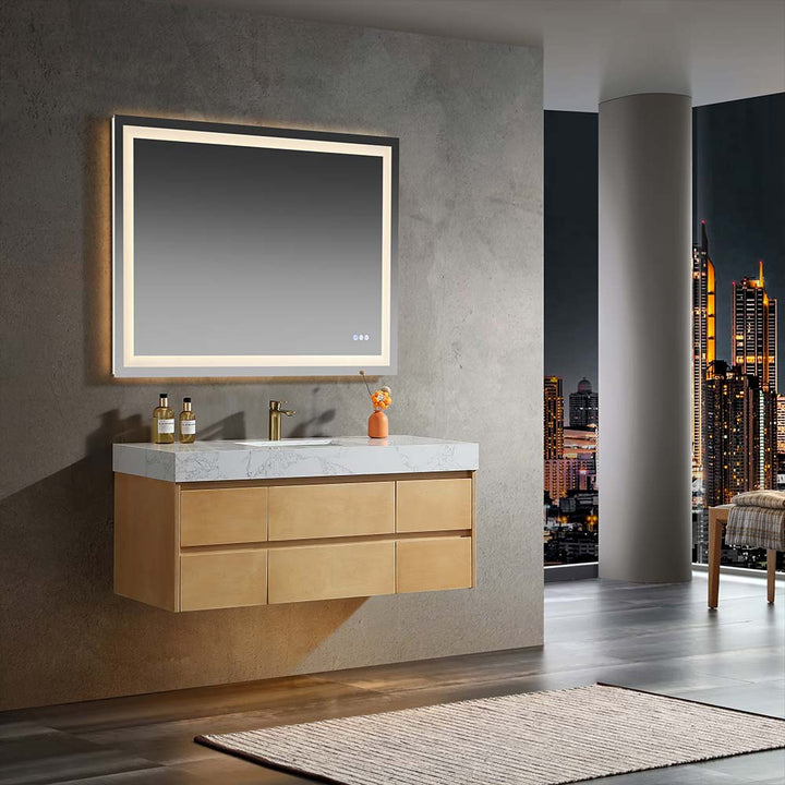 Solid wood bathroom vanity with marble countertop and LED lighted mirror