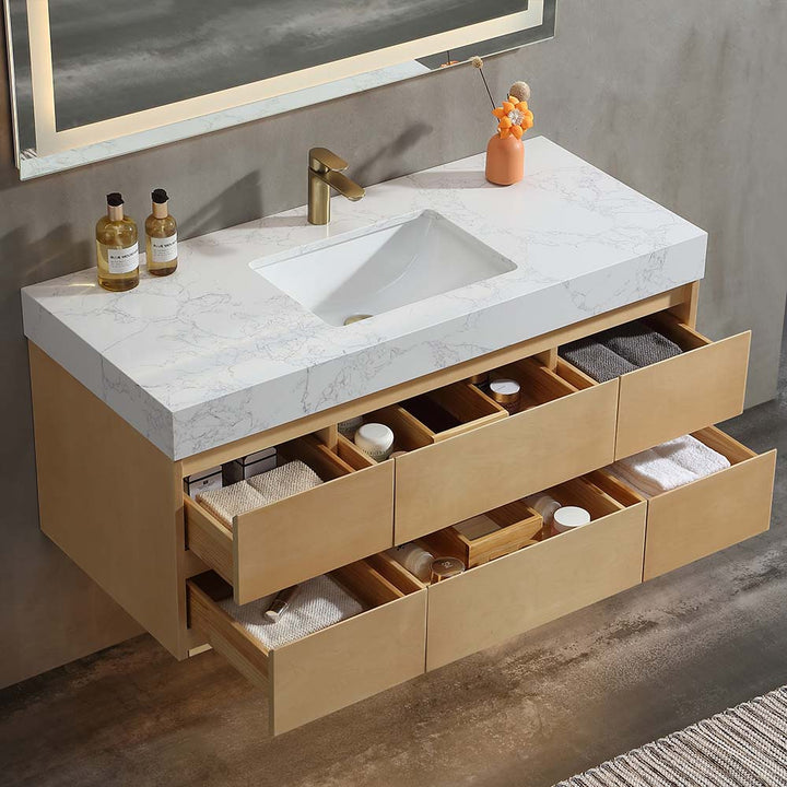 Solid wood bathroom vanity with marble countertop and storage drawers