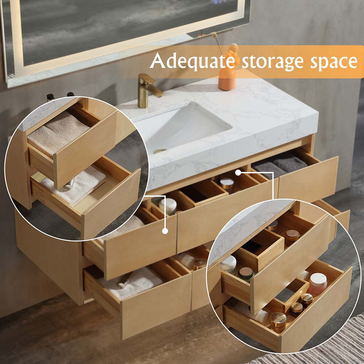 Solid wood bathroom vanity with storage drawers for towels and toiletries