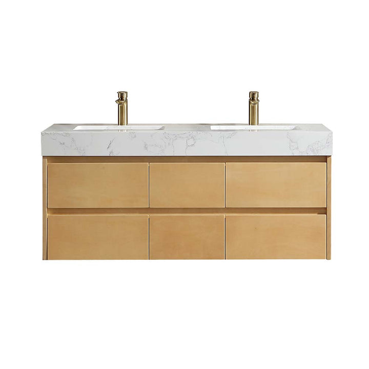 Solid wood vanity with double sinks and marble countertop