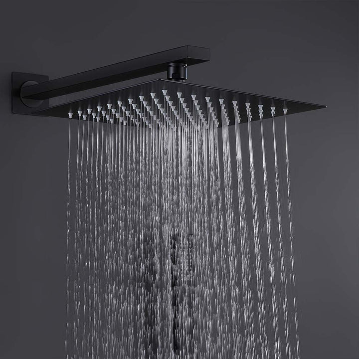 Square matte black rain shower head with steady water flow