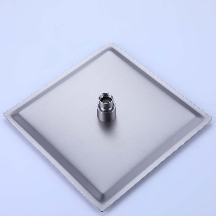 Square rain shower head back view for modern brushed nickel shower system