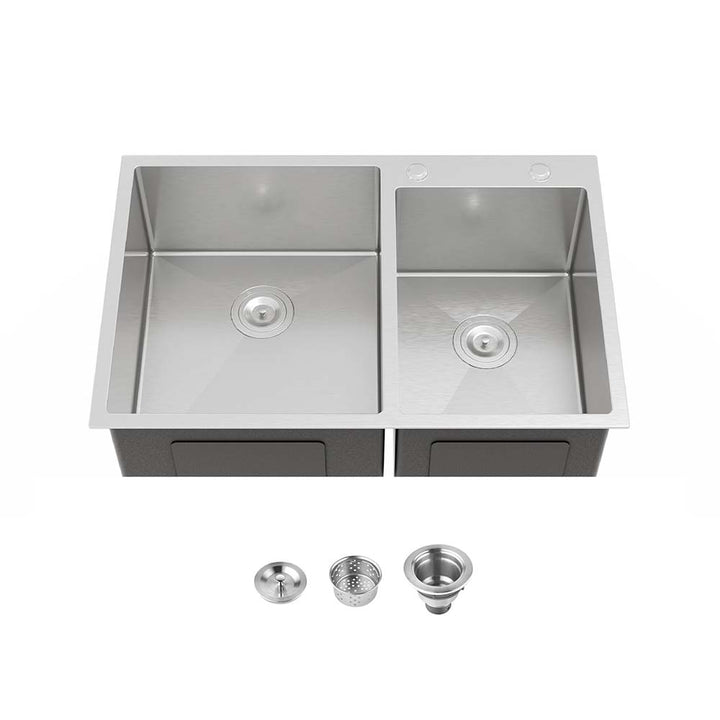 Topmount double bowl stainless steel kitchen sink in dark gray with drain accessories