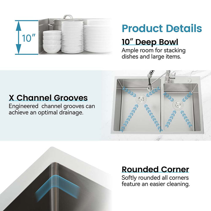 Topmount double bowl stainless steel kitchen sink with anti-dripping coating, soundproof pads, and rear-centerset drain
