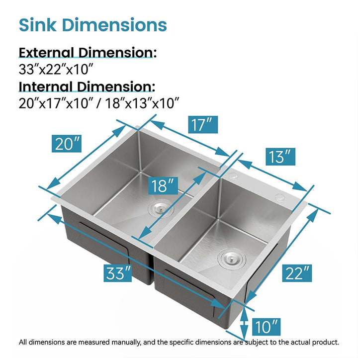 Topmount stainless steel double bowl kitchen sink in dark gray with 33 x 22 x 10 inch dimensions