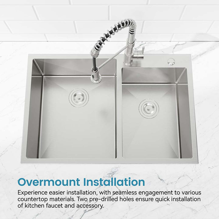 Topmount stainless steel double bowl kitchen sink with overmount installation and pre-drilled faucet holes