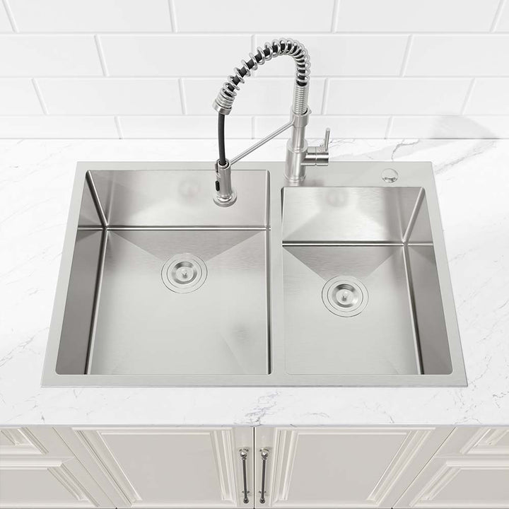 Installed topmount stainless steel double bowl kitchen sink with pull-down faucet in modern kitchen