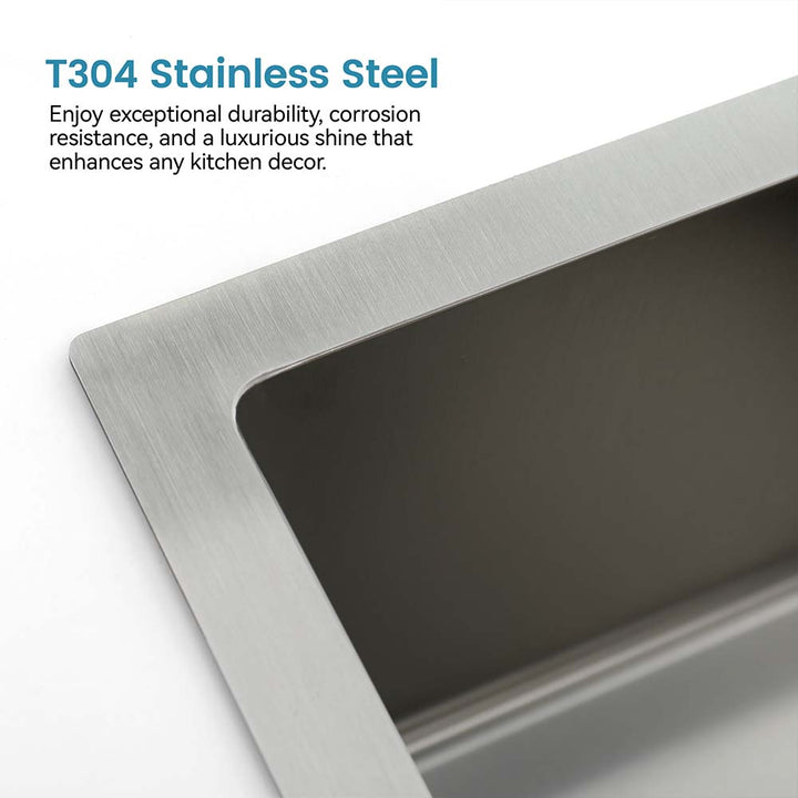 Close-up of T304 stainless steel topmount kitchen sink with corrosion-resistant brushed finish