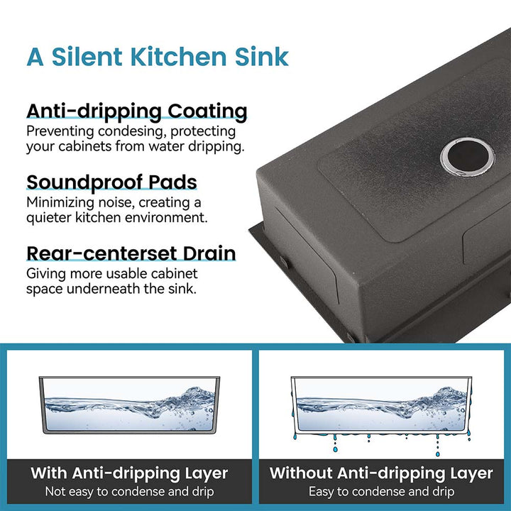 Topmount double bowl stainless steel kitchen sink with anti-dripping coating, soundproof pads, and rear-centerset drain