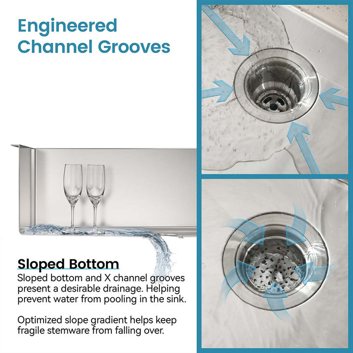Topmount stainless steel kitchen sink with X channel grooves and sloped bottom for optimized drainage