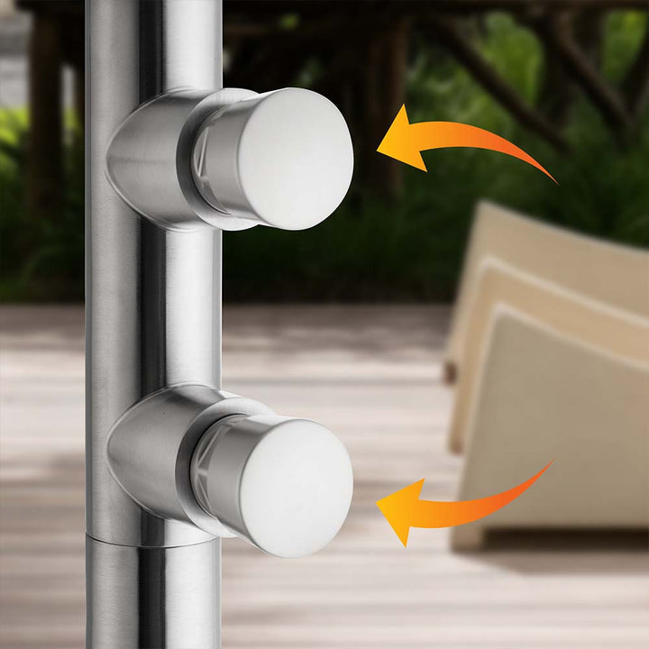 Close-up of Adjustable Knobs on Stainless Steel Outdoor Shower