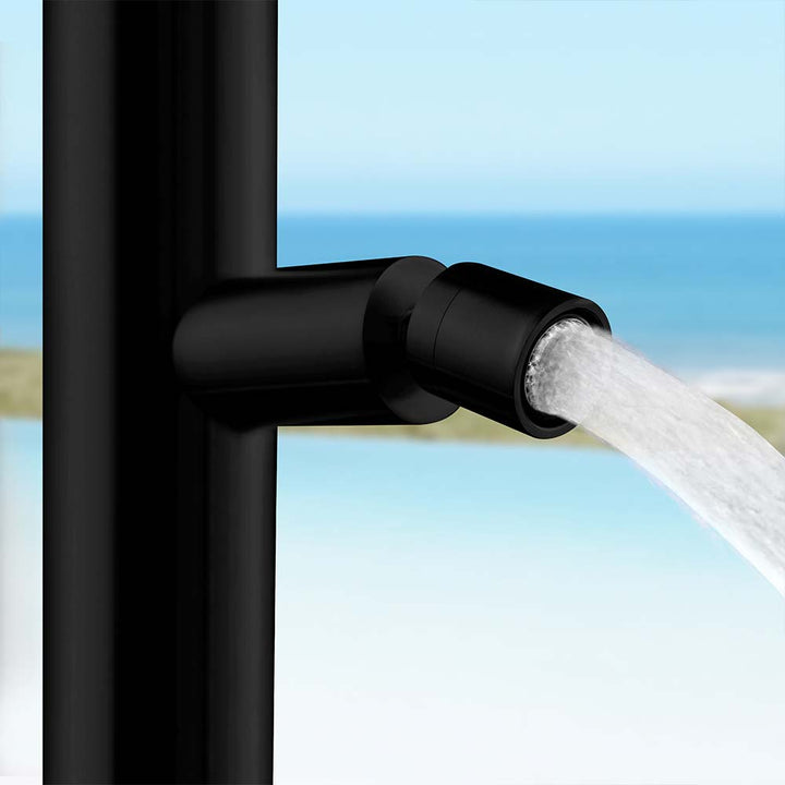 Black stainless steel outdoor shower bottom spout with water flow