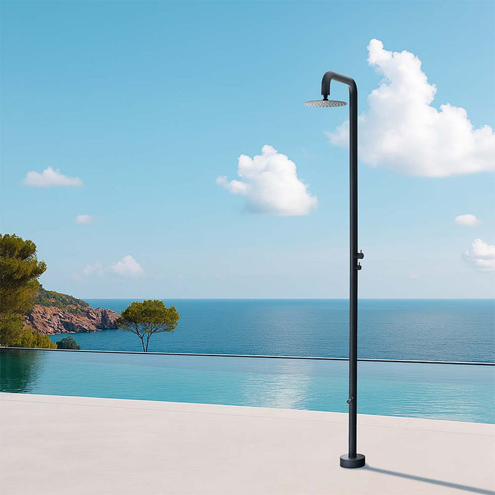 Stainless steel outdoor shower black poolside with seaside view