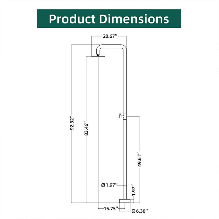 Stainless steel outdoor shower black finish dimensions chart