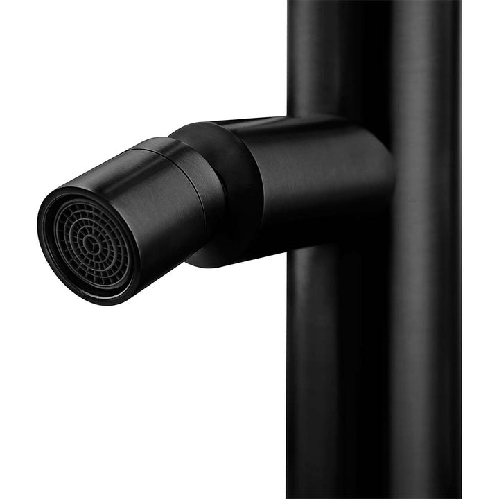 Black stainless steel outdoor shower foot rinse spout detail