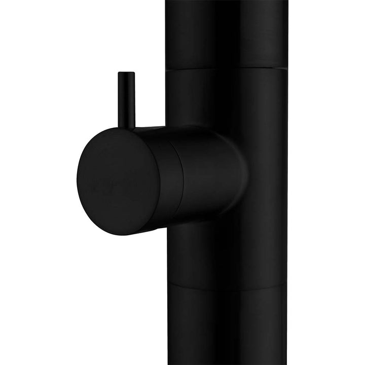 Stainless steel outdoor shower black handle and valve close up