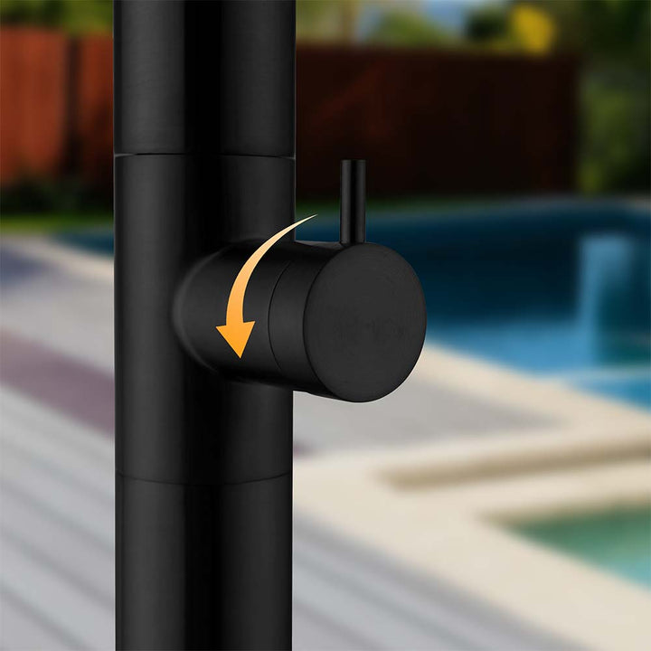 Stainless steel outdoor shower black handle and valve detail