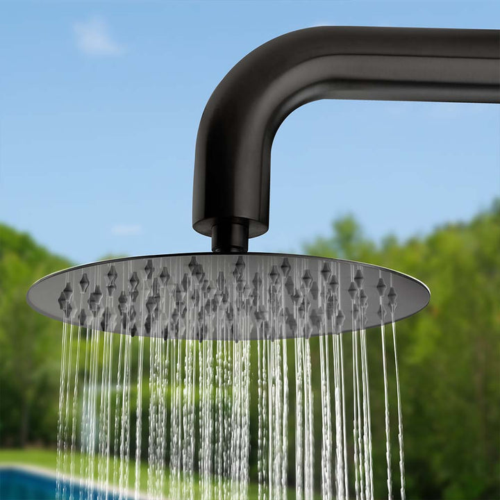 Black stainless steel outdoor shower rain showerhead in use