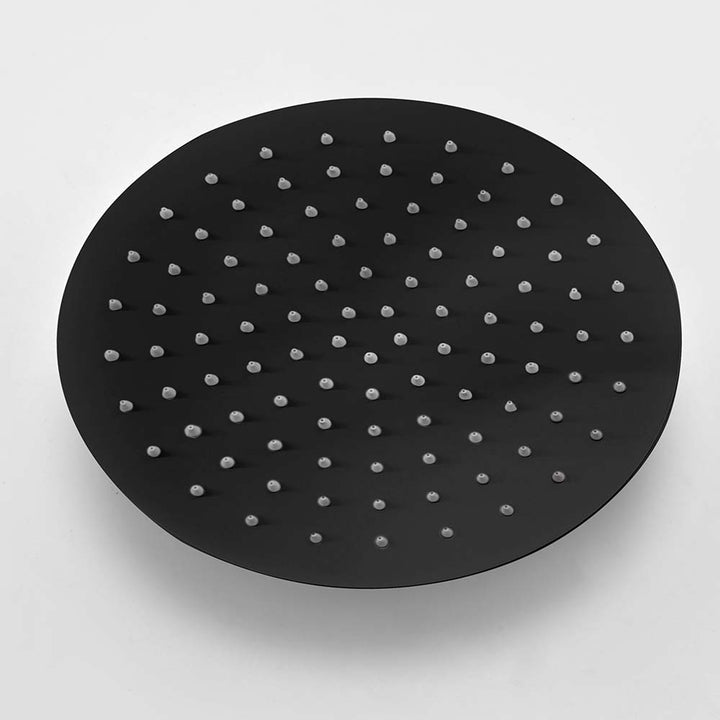 Black stainless steel outdoor shower round rainfall showerhead detail view