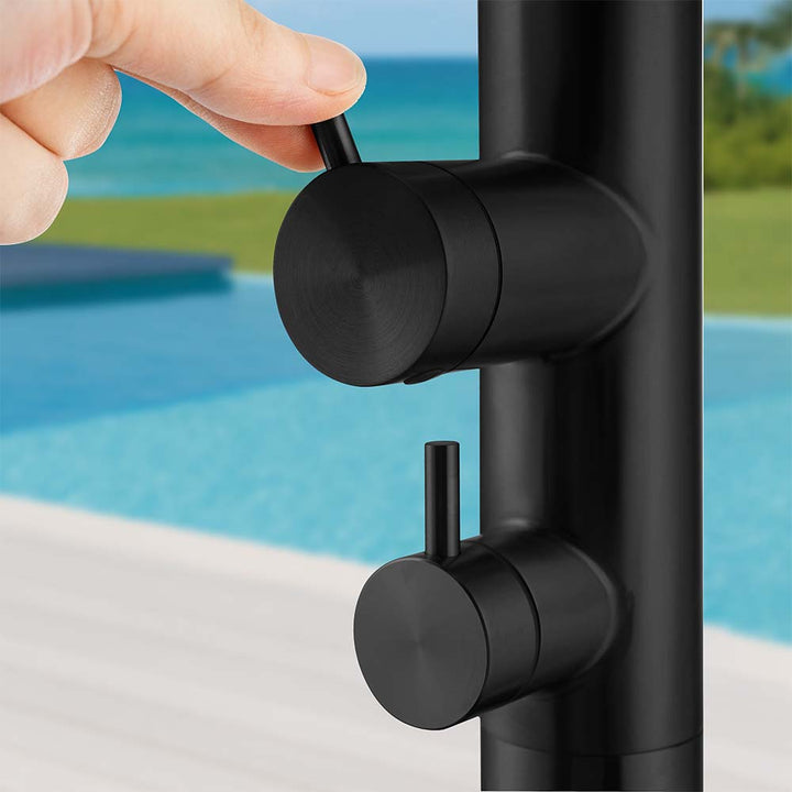Black stainless steel outdoor shower valve control detail closeup