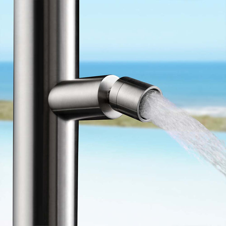 Stainless steel outdoor shower bottom spout with water flow