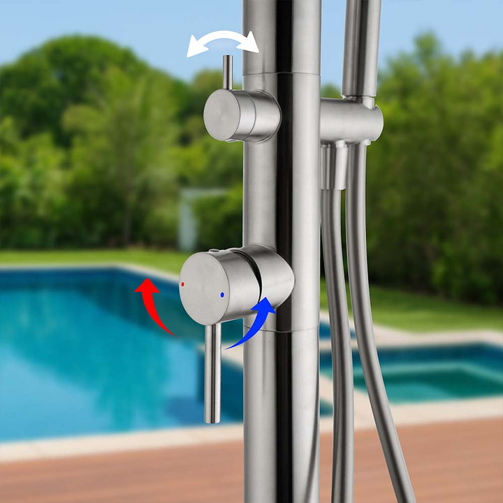 Close-up of stainless steel outdoor shower control valve with temperature
