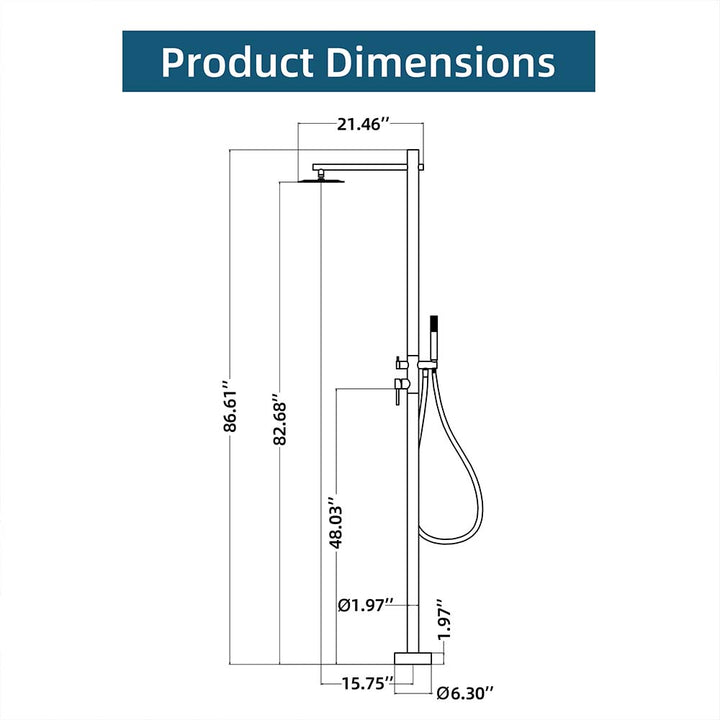 Stainless steel outdoor shower product dimensions diagram showing height and width