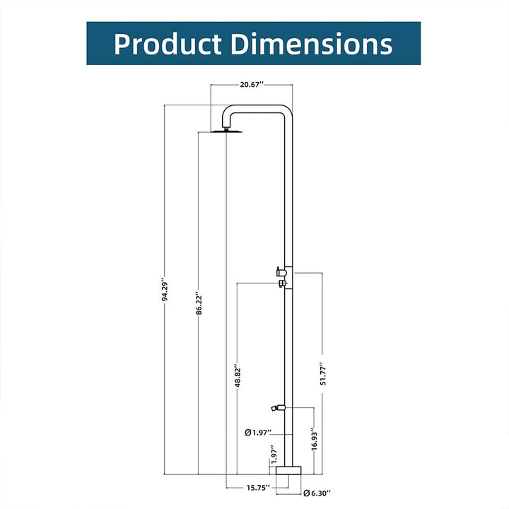 Stainless steel outdoor shower product dimensions size guide