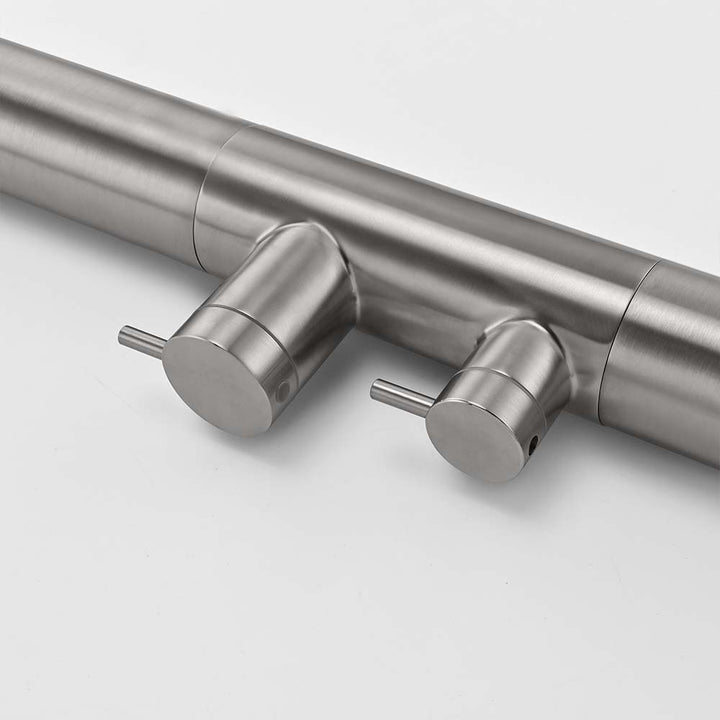 Stainless steel outdoor shower dual control valve detail view