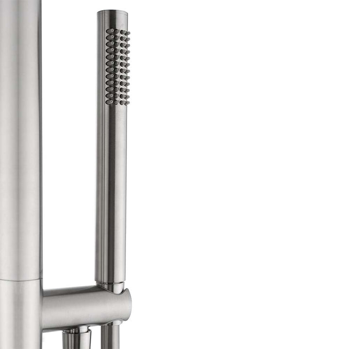 Close-up of stainless steel outdoor shower handheld with modern design and textured nozzle