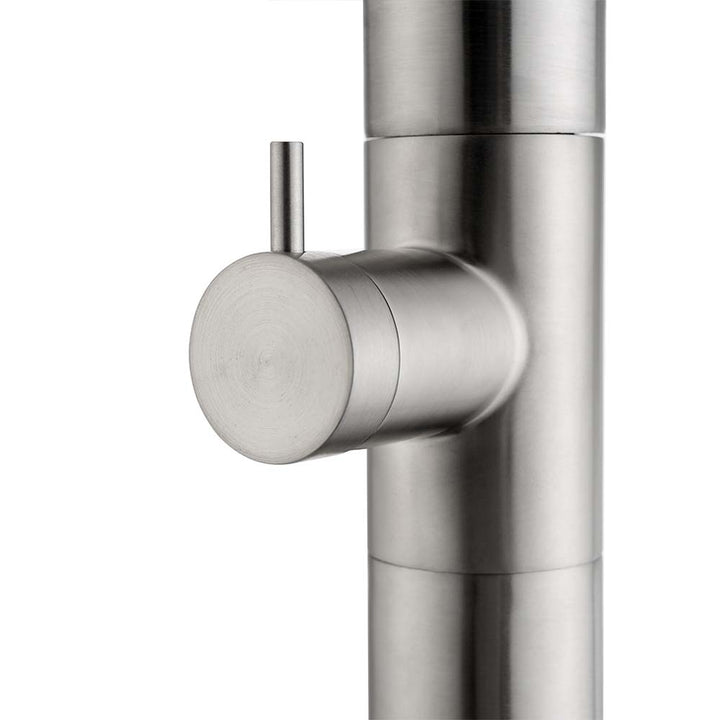Stainless steel outdoor shower handle and valve close up view