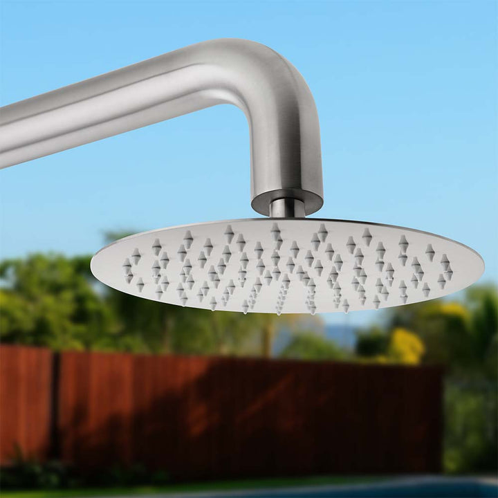 Stainless steel outdoor shower head detail close up view