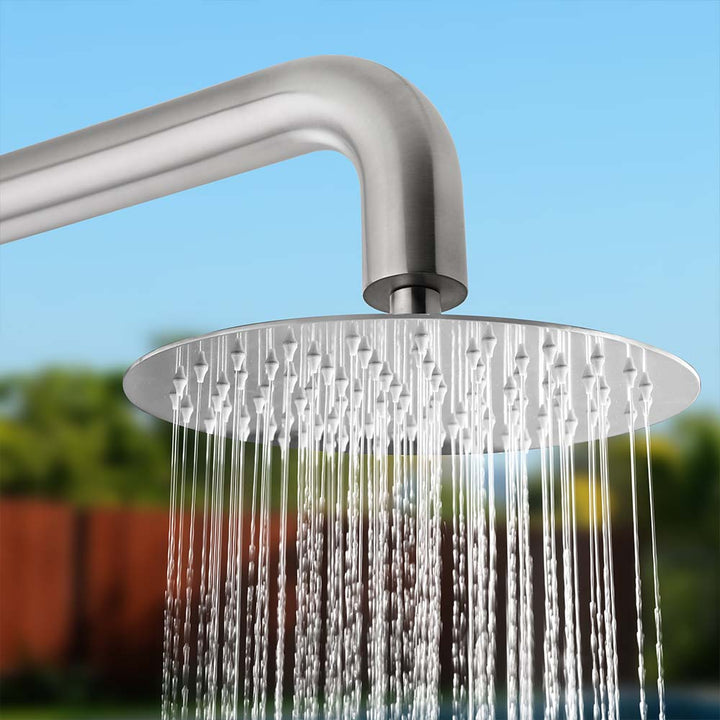 Stainless steel outdoor shower head with running water flow