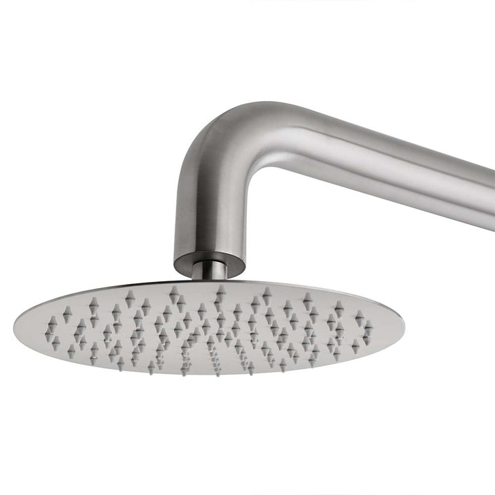 Stainless steel outdoor shower head detail on white background