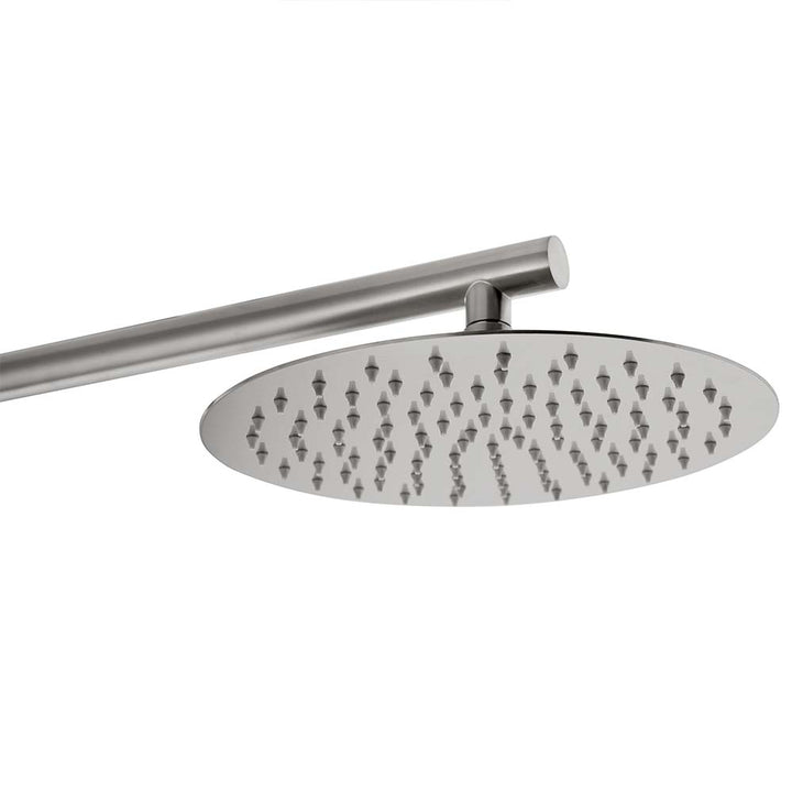 Close-up of stainless steel outdoor shower head with modern design and multiple nozzles