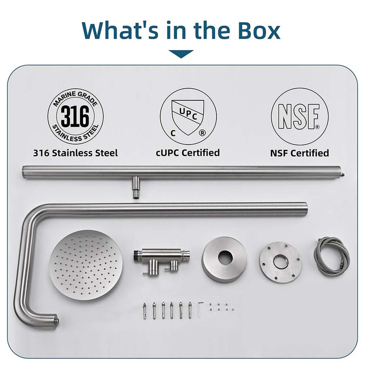 Stainless steel outdoor shower parts and accessories in the box