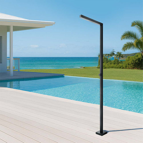 Stainless steel outdoor shower by the pool in modern matte black design